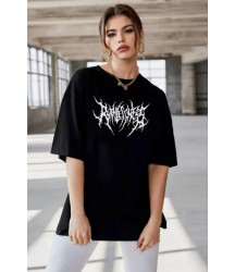 Unisex Bisiklet Yaka Baskılı Oversize T-Shirt - Siyah