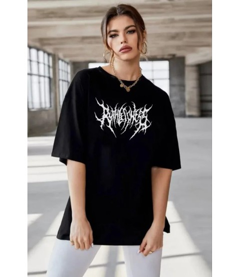 Unisex Bisiklet Yaka Baskılı Oversize T-Shirt - Siyah