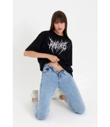 Unisex Bisiklet Yaka Baskılı Oversize T-Shirt - Siyah