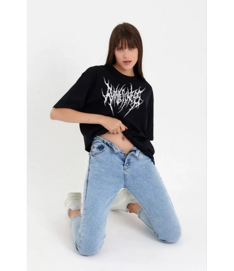 Unisex Bisiklet Yaka Baskılı Oversize T-Shirt - Siyah