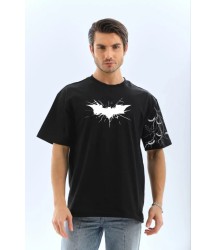Unisex Ön Ve Kol Baskılı Oversize T-shirt - Siyah