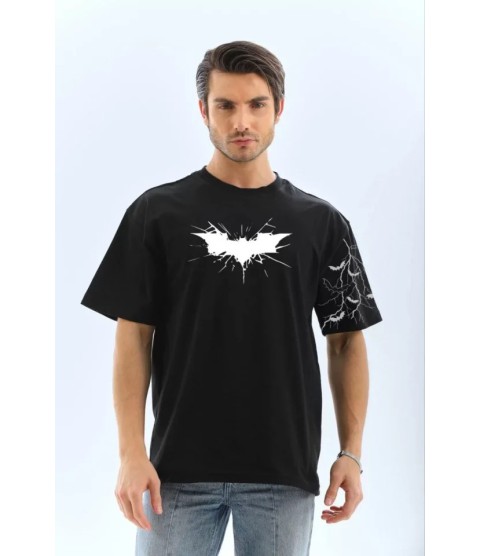 Unisex Ön Ve Kol Baskılı Oversize T-shirt - Siyah
