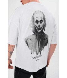 Unisex Bisiklet Yaka Baskılı Oversize T-Shirt - Beyaz