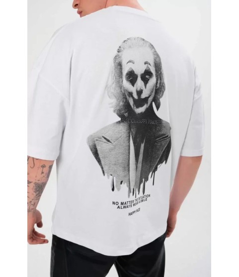 Unisex Bisiklet Yaka Baskılı Oversize T-Shirt - Beyaz