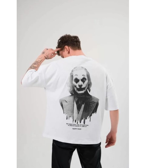 Unisex Bisiklet Yaka Baskılı Oversize T-Shirt - Beyaz
