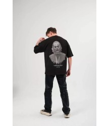 Unisex Bisiklet Yaka Baskılı Oversize T-Shirt - Siyah