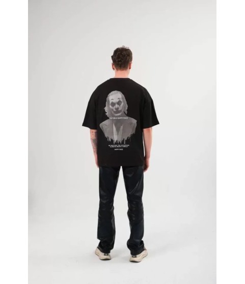 Unisex Bisiklet Yaka Baskılı Oversize T-Shirt - Siyah