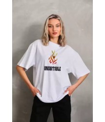 Unisex Bisiklet Yaka Baskılı Oversize T-Shirt - Beyaz