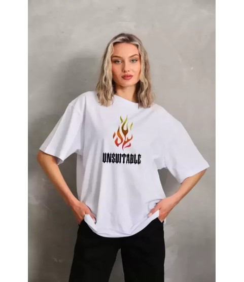 Unisex Bisiklet Yaka Baskılı Oversize T-Shirt - Beyaz