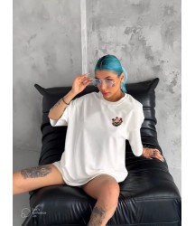 Unisex Bisiklet Yaka Baskılı Oversize T-Shirt - Beyaz