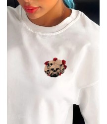 Unisex Bisiklet Yaka Baskılı Oversize T-Shirt - Beyaz