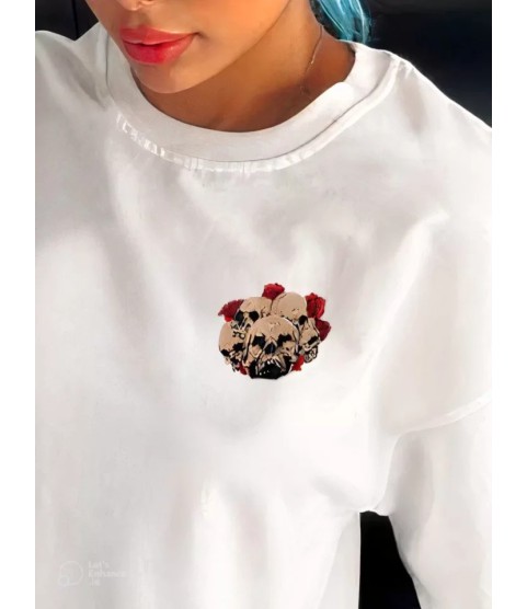 Unisex Bisiklet Yaka Baskılı Oversize T-Shirt - Beyaz