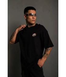 Unisex Bisiklet Yaka Baskılı Oversize T-Shirt - Siyah