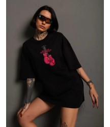 Unisex Bisiklet Yaka Baskılı Oversize T-Shirt - Siyah