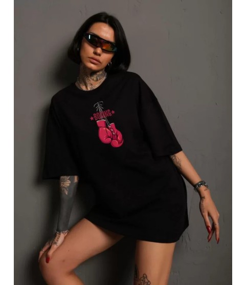 Unisex Bisiklet Yaka Baskılı Oversize T-Shirt - Siyah