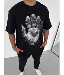 Unisex Bisiklet Yaka Baskılı Oversize T-Shirt - Siyah