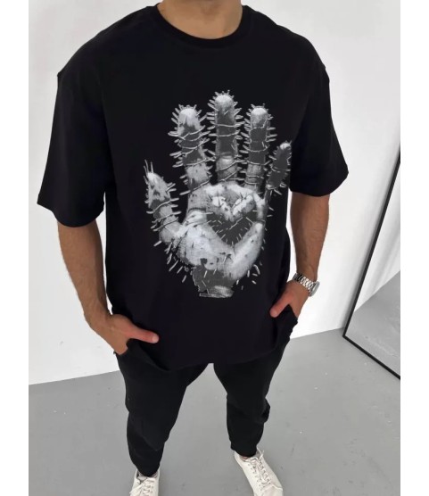 Unisex Bisiklet Yaka Baskılı Oversize T-Shirt - Siyah