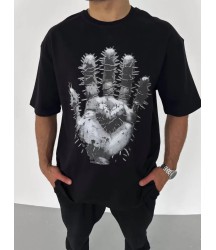 Unisex Bisiklet Yaka Baskılı Oversize T-Shirt - Siyah