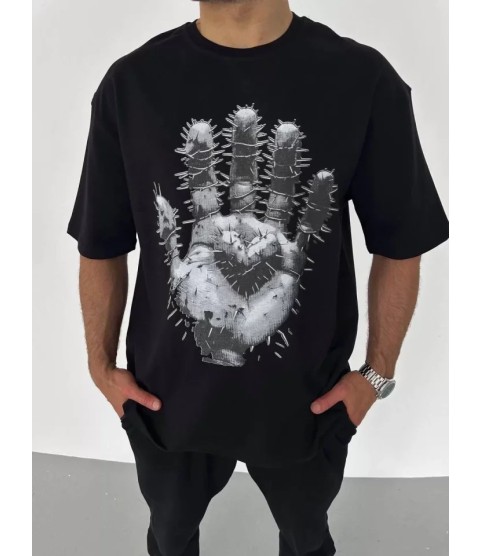 Unisex Bisiklet Yaka Baskılı Oversize T-Shirt - Siyah