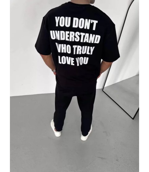 Unisex Bisiklet Yaka Baskılı Oversize T-Shirt - Siyah
