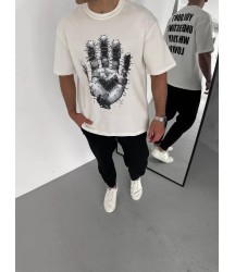 Unisex Bisiklet Yaka Baskılı Oversize T-Shirt - Beyaz