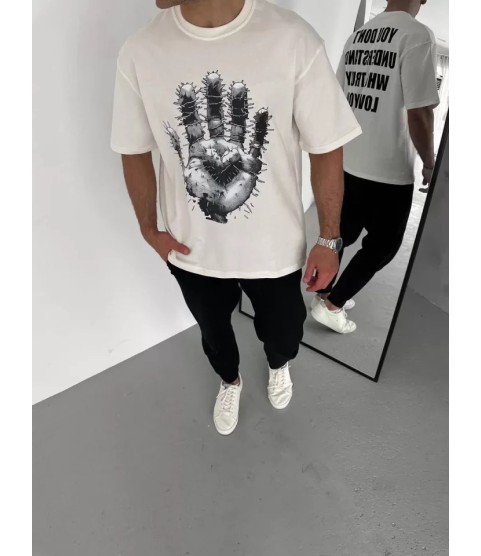 Unisex Bisiklet Yaka Baskılı Oversize T-Shirt - Beyaz