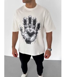 Unisex Bisiklet Yaka Baskılı Oversize T-Shirt - Beyaz