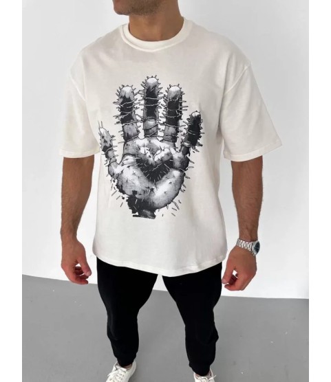Unisex Bisiklet Yaka Baskılı Oversize T-Shirt - Beyaz