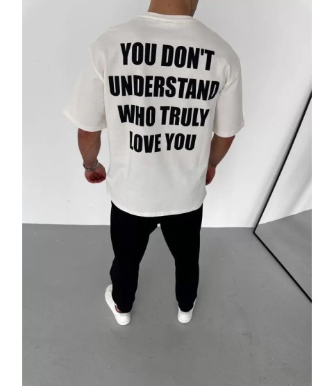 Unisex Bisiklet Yaka Baskılı Oversize T-Shirt - Beyaz