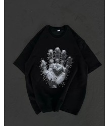 Unisex Bisiklet Yaka Baskılı Oversize T-Shirt - Siyah