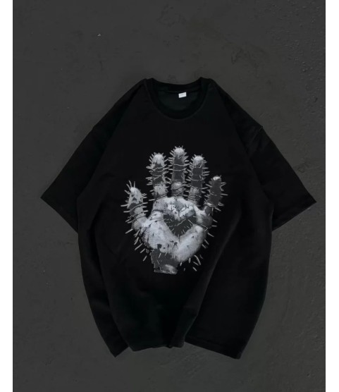 Unisex Bisiklet Yaka Baskılı Oversize T-Shirt - Siyah