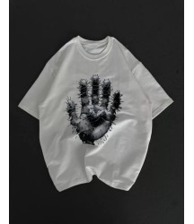 Unisex Bisiklet Yaka Baskılı Oversize T-Shirt - Beyaz