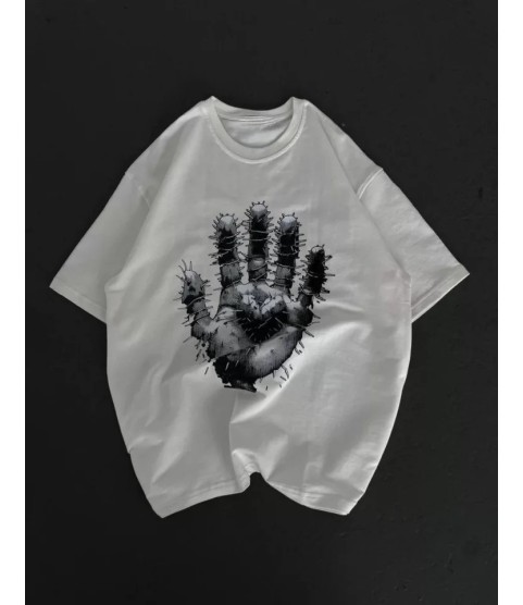 Unisex Bisiklet Yaka Baskılı Oversize T-Shirt - Beyaz