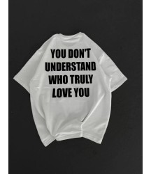 Unisex Bisiklet Yaka Baskılı Oversize T-Shirt - Beyaz