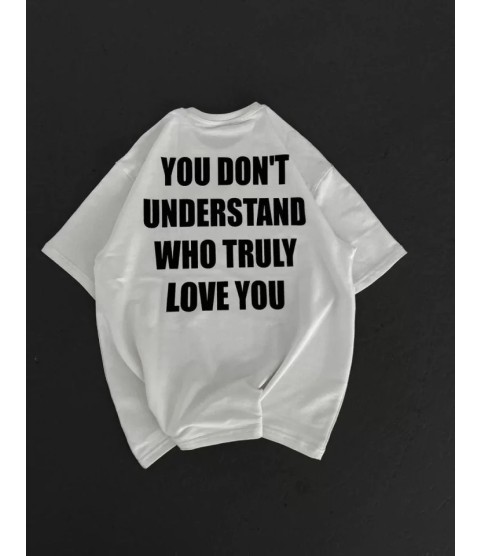 Unisex Bisiklet Yaka Baskılı Oversize T-Shirt - Beyaz