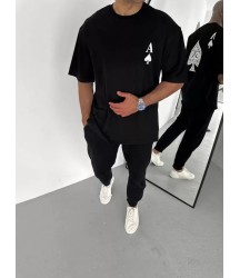 Unisex Bisiklet Yaka Baskılı Oversize T-Shirt - Siyah