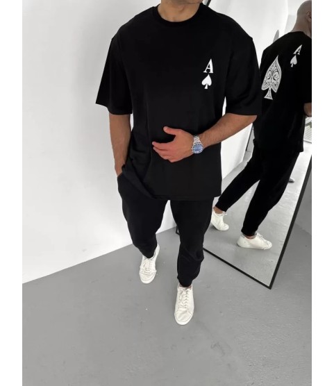 Unisex Bisiklet Yaka Baskılı Oversize T-Shirt - Siyah