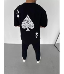 Unisex Bisiklet Yaka Baskılı Oversize T-Shirt - Siyah