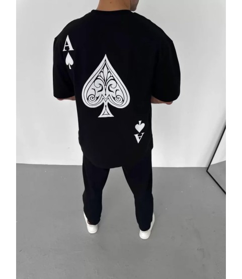 Unisex Bisiklet Yaka Baskılı Oversize T-Shirt - Siyah
