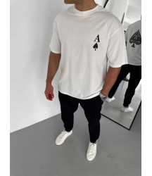 Unisex Bisiklet Yaka Baskılı Oversize T-Shirt - Beyaz