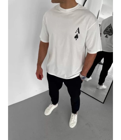 Unisex Bisiklet Yaka Baskılı Oversize T-Shirt - Beyaz