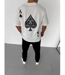 Unisex Bisiklet Yaka Baskılı Oversize T-Shirt - Beyaz