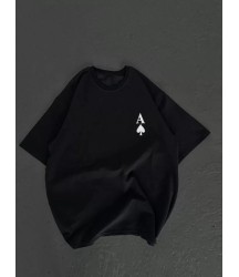 Unisex Bisiklet Yaka Baskılı Oversize T-Shirt - Siyah