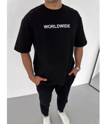 Unisex Bisiklet Yaka Baskılı Oversize T-Shirt - Siyah