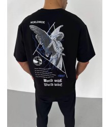 Unisex Bisiklet Yaka Baskılı Oversize T-Shirt - Siyah