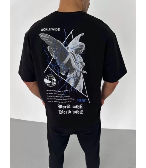 Unisex Bisiklet Yaka Baskılı Oversize T-Shirt - Siyah