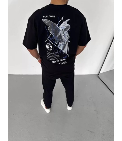 Unisex Bisiklet Yaka Baskılı Oversize T-Shirt - Siyah