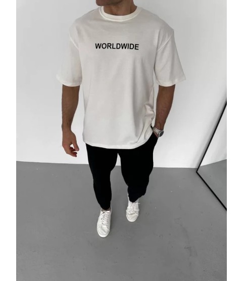 Unisex Bisiklet Yaka Baskılı Oversize T-Shirt - Beyaz
