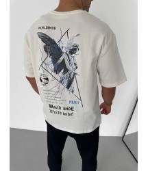 Unisex Bisiklet Yaka Baskılı Oversize T-Shirt - Beyaz
