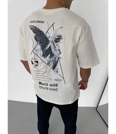 Unisex Bisiklet Yaka Baskılı Oversize T-Shirt - Beyaz